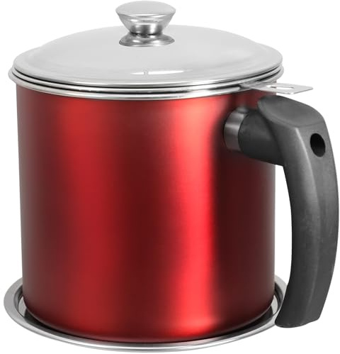 FOMIYES Stainless Steel Oil Pot with Fine Mesh Strainer 1.3l Red Lid Filtered Oil Jug Bacon Grease Container Kitchen Fat Separator