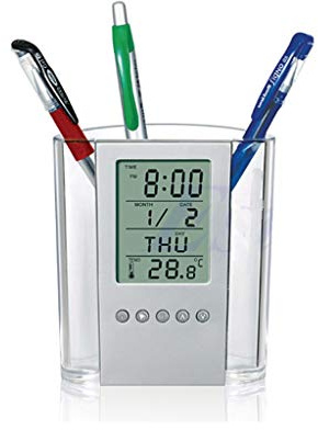 Mentin LCD Digital Alarm Clock Desk Pencil Pen Holder Organizer Thermometer Calendar