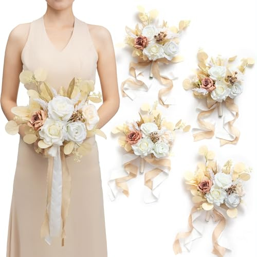 Ling's moment Artificial Bridesmaid Bouquets Set of 4,Boho Wedding Flower Bouquets White Beige Floral Bouquet Ivory Bridesmaid Bouquets with Ribbon Ceremony,Anniversary,7-inch Diameter
