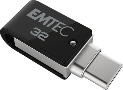 EMTEC Clé USB 32 Go Dual T260C Mobile&Go - USB 3.2 Pivotante - Dual USB-A/USB-C - Système d'Accroche 360° - Lecture 180MB/s Max - Écriture 15MB/s Max