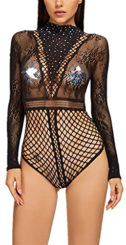 Bommi Fairy - Body sexy da donna, in rete, con paillette, a maniche lunghe, in pizzo, con scollo rotondo, babydoll, lingerie, Nero