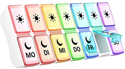 Tablettenbox 7 Tage 2 Fächer, Klein Pillendose Morgens Abends 14 Fächer Abnehmbar Pillenbox Medikamentendosierer (mehrfarbig)