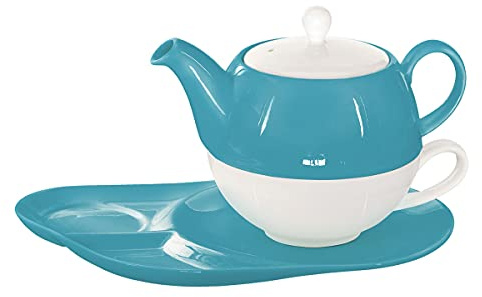 Buchensee Tea for One Lena 500ml aus Crystal Bone China Porzellan in türkis. Teekanne + Teetasse + Untertasse mit praktischen Ablageflächen