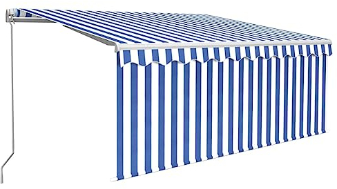 vidaXL Manual Retractable Awning with Blind&LED Outdoor Living Door Awning Folding Arm Patio Garden Awning Manual Retractable 3.5x2.5m Blue&White