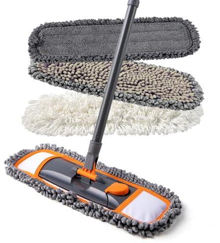 CLEANHOME Mops for Floor Cleaning with 3 Different Washable Pads and Extendable 55” Long Handle, Multifunction Dust Mop for Hardwood,Marble,Tile Floor Mopping,Orange