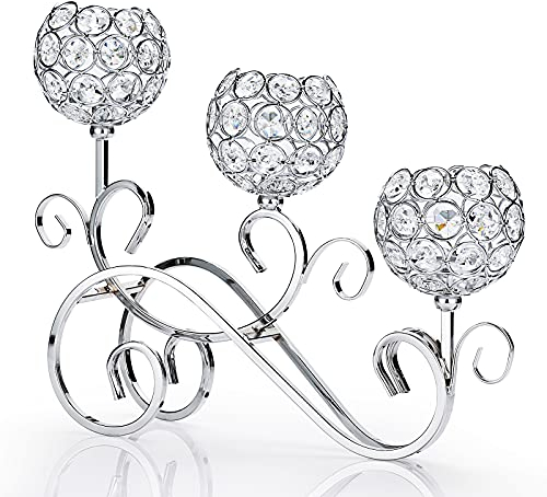 SUMNACON Silber S-Form Kerzenständer 3-Arm-Kristallschalen aus Glas Metall Kerzenhalter Teelicht Dekorativer Kandelaber Kerzenhalter für Weihnachten Halloween Hochzeit Abendessen Zuhause(Gross)