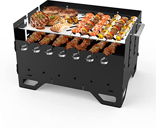 Onlyfire Griglia per Barbecue Pieghevole Portatile，Barbecue a Carbone con Spiedini per Kebab in Acciaio Inossidabile da 7 pcs e Piastra per Barbecue,per Picnic All'aperto in Spiaggia