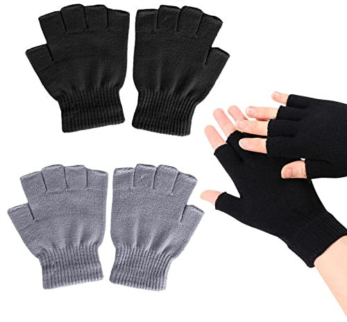 ZOCONE 2 Pares de Guantes sin Dedos Punto Guantes Invierno para Hombres y Mujers Elásticos Cálidos para Adultos y Menores Mayores de 13 Años, Talla Unica (Negro y Gris)