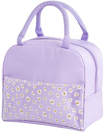 OTKARXUS Insulated Lunch Bag for Women,Portable Waterproof Lunch Box Cooler Bag with Daisy Pattern Transparent Pocket,Lunch Bag for Adults Girls Kids School Work Picnic Travel (A Purple)
