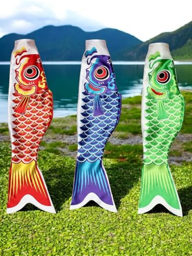 Japanischer Karpfen rot schwarz grün blau pink Fisch Windspiel 70 cm Zufallsfarbe | hängender Windsack Deko Garten maritim