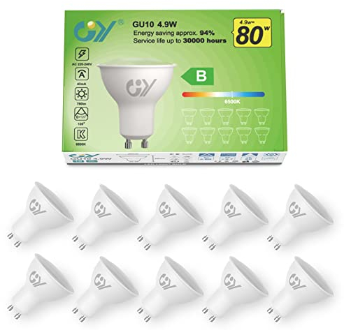 GY GU10 LED Kaltweiss Lampe 4.9W 790 Lumen 6500K Kaltweiß Glühbirnen,80W lampe ersetzt,Abstrahlwinkel 120° Leuchtmittel,Nicht Dimmbar Energiesparlampe,10er-Pack