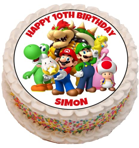 Mario Style Theme Personalised PRECUT Cake Topper 7.5 Inch Round Edible Icing Sheet Birthday Decoration