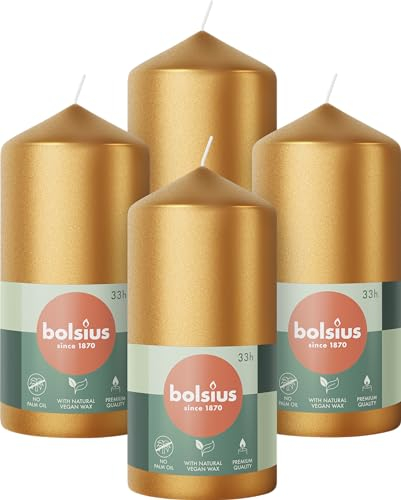 Bolsius - Lot de 4 bougies piliers lisses - Doré métallisé - 120 x 58 mm - Bougies décoratives - Durée de combustion : 33 heures - Sans parfum - 5% de cire végétale naturelle - Sans huile de palme