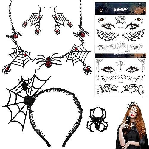 Lets Joy 1 Karneval Stirnband, 1 Halskette Spinne, 2 Halloween Spinne Tattoos, 1 Ring Spinne, 1 Paar Spinne Ohrringe, Halloween Fledermaus Spinne Kostümaccessoires, Halloween Karneval Kostüm Party
