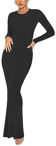 REORIA Women's Sexy Casual Crew Neck Lounge Slimming Long Dress Elegant Wedding Guest Long Sleeve Ribbed Bodycon Maxi Dresses Black Medium