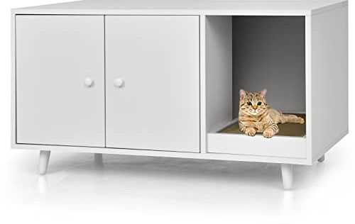 COSTWAY Katzenschrank für Katzentoilette, 2 in 1 Beistelltisch Katzenhaus, Katzenklo Schrank mit Kratzbrett & 2 Türen & Eingang, Katzenmöbel für Katzen Hunde Haustier, 90x50x50cm (Weiß)