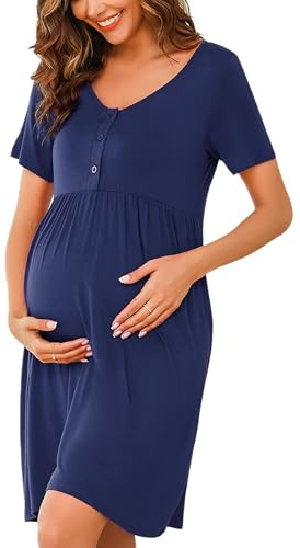 Bresdk Camisón Premamá Mujer con Botón Camisones de Lactancia de Maternidad Manga Corta Verano, Azul Oscuro, M