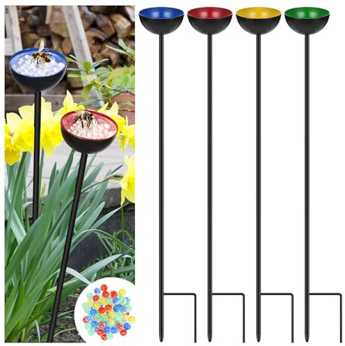 Lineshading 4-Pcs Butterfly Bee Watering Station with Catcher Cups - Small Insects Bee Feeders for Outside Feeding & Watering - Metal Garden Stakes & Sculpture Decor