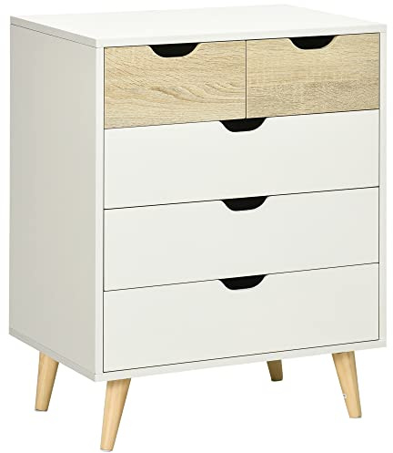 HOMCOM Cassettiera 5 Cassetti per Camera da Letto e Ingresso, Comò con Cassetti in Legno e Maniglie Intagliate, 60x40x77.5cm, Bianco e Legno