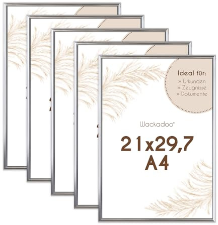 Wackadoo Bilderrahmen A4 21x29.7 (DIN A4) Silber 5er Set Fotowand Fotorahmen aus leichtem Kunststoff mit Glas Picture frame Poster
