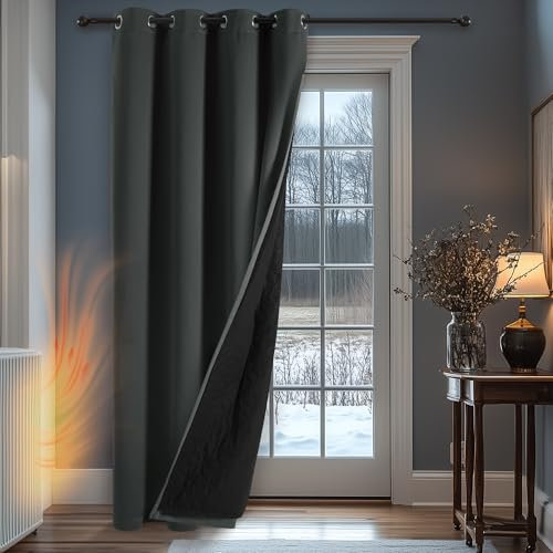 Deconovo Eyelet Thermal Curtain for Door, Cold Resistant Blackout Curtain with Thick Microfiber Quilted Lining 2 Layers, Noise Reducing Curtain for Bedroom, 52 x 84 Inch, Dark Grey, 1 Panel