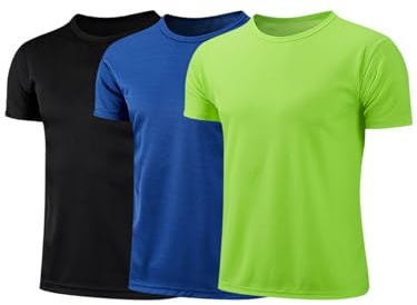 Fldy barn pojkar sport t-shirt set om 3 snabbtorkande andningsbar sportskjorta kortärmad lagsport multisport träning tröja topp, Svart och kungsblå och neongrön, 152-158