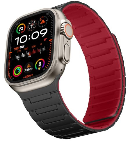 Suphart Starke Magnetische Armband Kompatibel mit Apple Watch Armband 49/46/45/44/42/41/40/38mm, Silikon Ersatzband für iWatch Ultra 2 SE Serie 10 9 8 7 6 5 4（49/46/45/44/42, Schwarz-Rot）
