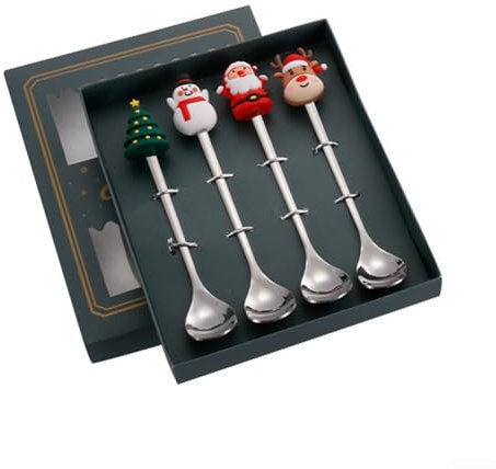 Set di cucchiaini in acciaio inossidabile con temi natalizi per cene festive e riunioni di festa (argento)