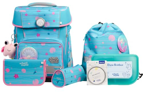 SCHOOL-MOOD Champion Maxx Pro Schulranzenset 7-teilig 22L Stauraum, ergonomisches Grow with You System für 1 m bis 1,50 m Körpergröße, wasserdichter Stoff mit Reflektoren (Lilly Meerjungfrau)