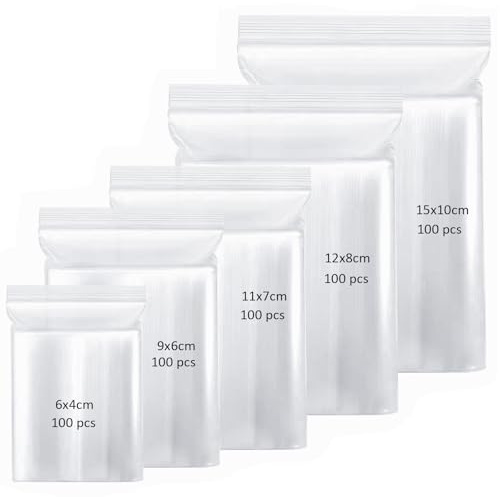 500 Pièces Sachet Plastique Transparent Zip 5 Tailles Petits Pochon Plastique Sachets Plastiques Refermables pour Bijouterie Confiserie Alimentaire Composants Électroniques