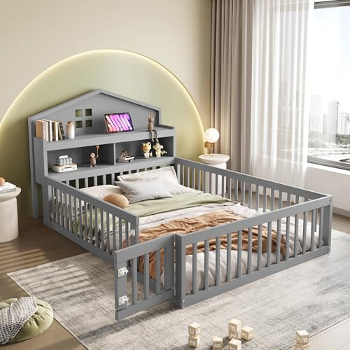 Dolamaní Kinderbett 140x200 cm mit Rausfallschutz, Bodenbett Kinder Holz mit tür, Einlegeböden & Stauraum & Lattenrost (Grau C)