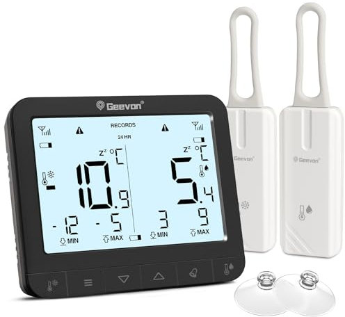 Geevon Termómetro para frigorífico con 2 sensores, termómetro digital para congelador con registro máximo/mín, alarma, termómetro digital, para interior y frigorífico