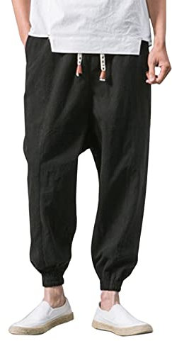 Jogginghose für Herren, Baumwolle, Leinen, Trainingshose, Jogginghose, elastische Taille, Kordelzug, Fitnessstudio, Sport, Trainingshose, lockere Passform, Stretch-Jogginghose, Lounge-Hose, Schwarz ,