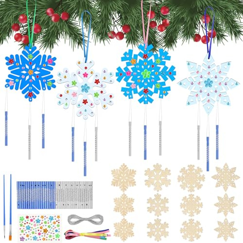 Lot de 12 carillons à vent en forme de flocon de neige - En bois à peindre - Pour filles et garçons - Pour anniversaire d'enfant, hiver, Noël