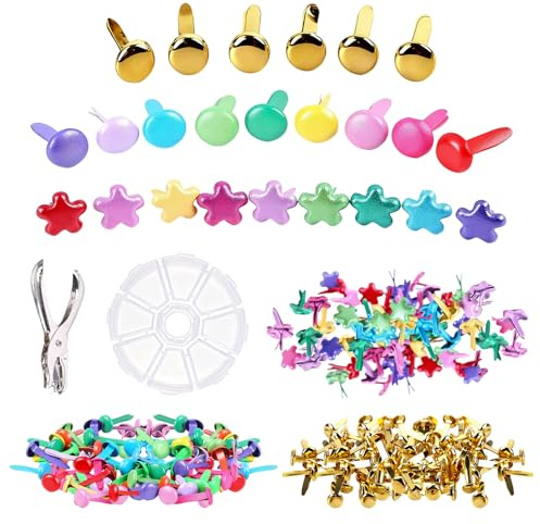 FEITONGFX Musterbeutelklammern, 300 Stück Musterklammern, Mini Paper Brads mit Lochzange und Einer Kunststoffbox Geliefert, 8mm Kopfklammern für Schule Büro Kartenherstellung DIY Scrapbooking Basteln