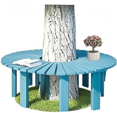 Trädbänk Runtom, Stark Bärförmåga, Fläktformade Träbänkar, For Innergård, Park, Uteplats, Gräsmatta, Trädgård(Blue)
