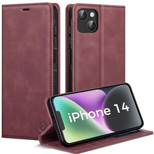 AIMOYU Handyhülle für iPhone 14 Hülle, Premium PU Leder Klapphülle Schutzhülle, Tasche Magnet Kartenfach Standfunktion Flip Case Hülle für iPhone 14, Weinrot