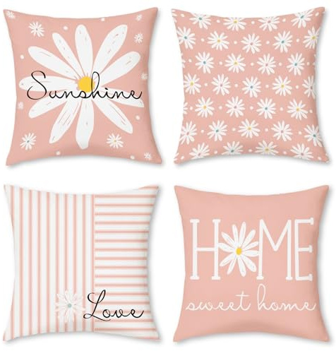 Hopomoon 4er Set Kissenbezug 45x45 cm Altrosa, Samtweich Kurzplüsch Dekokissen mit Gänseblümchen & „Home“ Motiven, Skandinavische Zierkissenhülle für Sofa Wohnzimmer Schlafzimmer Deko
