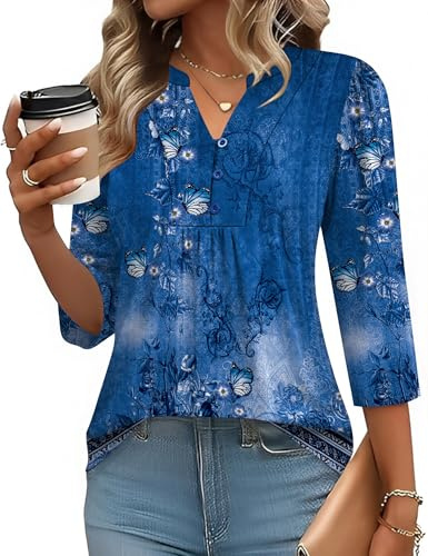 IECCP Blusa para mujer, manga 3/4, cuello de pico, túnica, camiseta de verano, informal, elegante, con botones