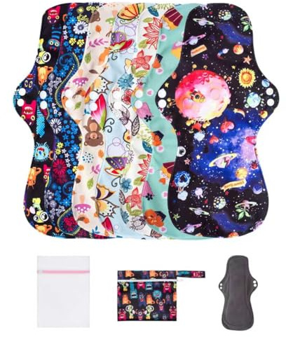 LUCKYPADS Overnight Reusable Menstrual Pads with Wings, 7 Pcs Washable Cloth Pads & Period Pads for Women, Extra Long (5.9×13.7 Inches) Postpartum & Heavy Flow Pads with Wet Bag & Laundry Bag