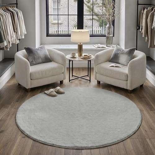 PureCozy Teppich Rund 180cm Grau Waschbarer rutschfest Weich Kunstfell Fellteppich Kurzflor Flauschiger Teppiche Kinderzimmer Bettvorleger Schlafzimmer Kinderteppich Runder Carpet