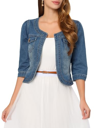 Allegra K Chaqueta Cortas Mezclilla para Mujer sin Cuello de Manga 3/4 Cárdigan Vaquero Frente Abierto