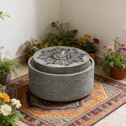 Bumilgar Garden Water Feature, 44×44×24.5 cm Outdoor Bubbler Fountain with Electric Pump and LED Lights, Carved Decorative Finish for Garden, Patio, Deck, Yard or Home Décor – Grey