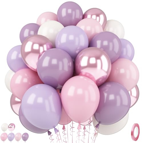 Pink and Purple Balloons, 12 Inch Pastel Light Pink Lavender White Balloons with Lilac Beige Metaliic Balloon for Fairy Princess Butterfly Birthday Bridal Shower Baby Shower Wedding Party Decoration