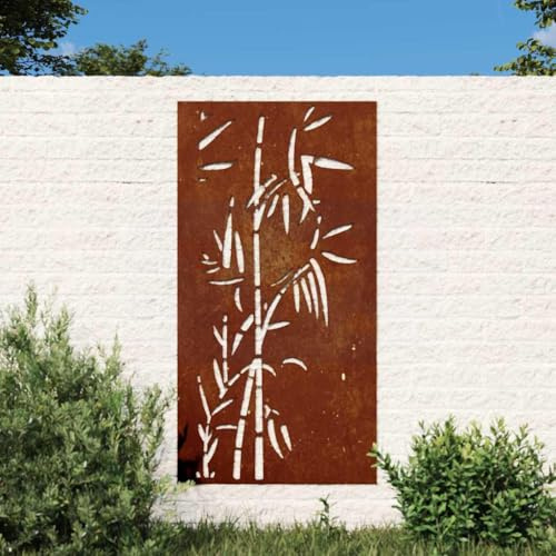 Mangloder Trädgårdsväggdekoration av cortenstål 105 x 55 cm, bambudesign, väderbeständig metallbild för staket, terrass, vardagsrum, sovrum, modern dekoration med rostutseende
