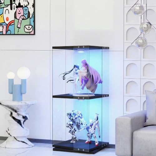Stående glasvitrinskåp med LED-belysning, vit, vitrinskåp, modernt glas | Samlarvitrin glas LED 2 våningar stående vitrinskåp vardagsrum vitrin glas smalt glasskåp hörnvitrinskåp, glas, 360° vridbar