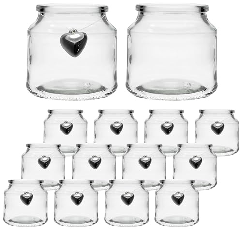 12 x Teelichtgläser aus Glas – Kleine Windlichter H 7 cm inkl. Herzen | Teelichthalter für Tischdeko & Hochzeit