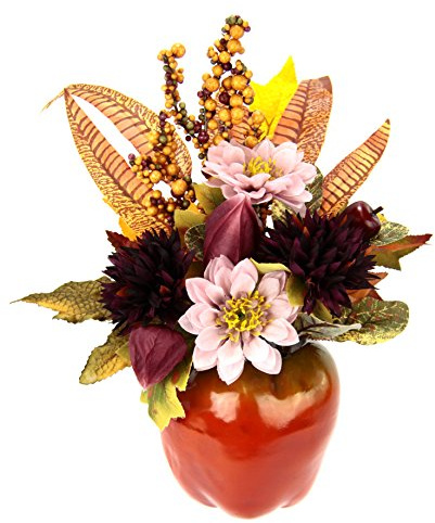 Künstliches Chrysanthemen Gesteck im Apfeltopf – Herbstdeko 28 x 20 x 16 cm | Herbstliches Kunstblumen-Gesteck mit Chrysanthemen, Beeren & Blättern im Apfeltopf für Tisch, Fensterbank & Wohnraum