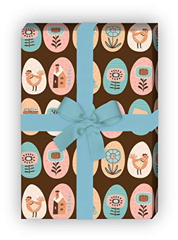 Kartenkaufrausch Ostereier Geschenkpapier Set 4 Bogen mit aufgereihten folklore Ostereiern für tolle Geschenkverpackung zum Einpacken 32 x 48cm, Designpapier für Geburtstage, Geburt, Ostern, braun