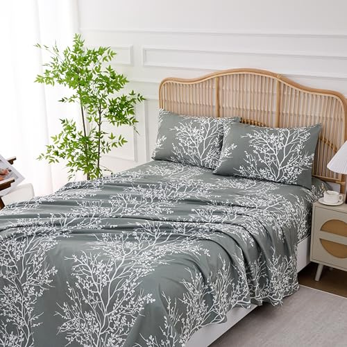 Spirit Linen home Queen Size Sheets Set - 4 Pcs Ultra Soft Pure Microfiber Polyester Bed Sheets, Deep Pocket, Wrinkle & Fade Resistant – Includes 1 Fitted, 1 Flat, 2 Pillowcases (Grey/White, Queen)